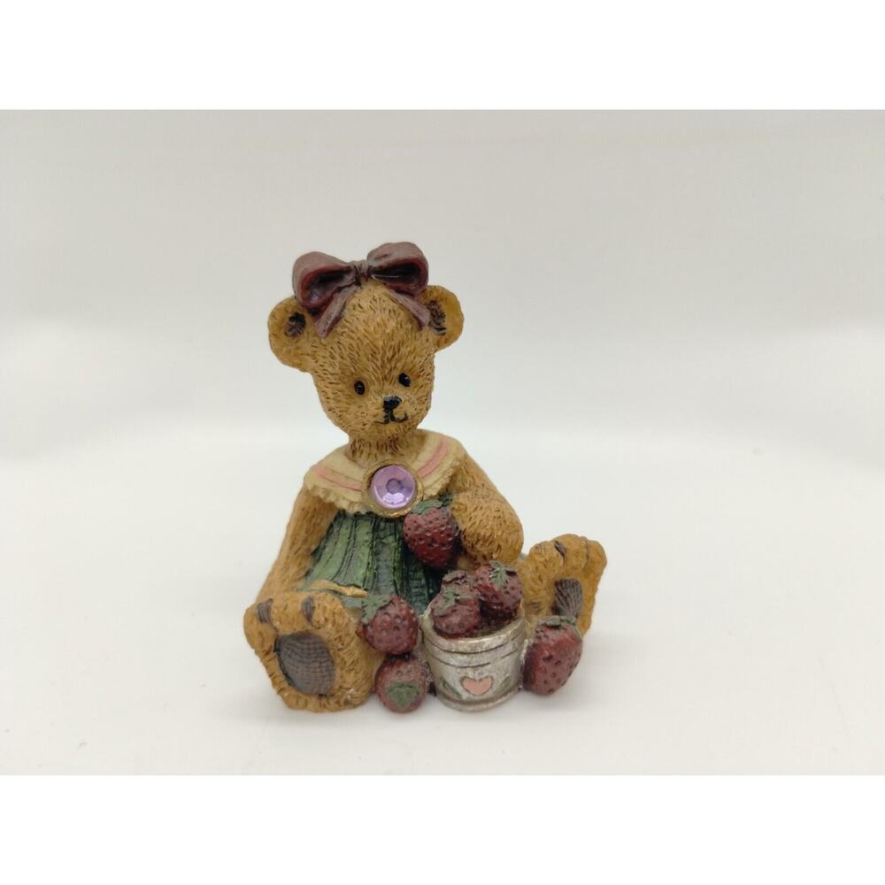 Teddy Bear Figurine by Young's - June Birthstone Amethyst Strawberry - 2 Inches